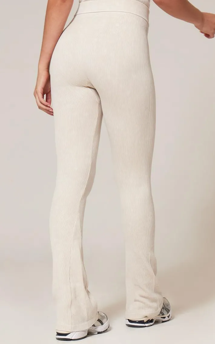 Cream Faded Snatched Rib Flared Folded Waist Pants