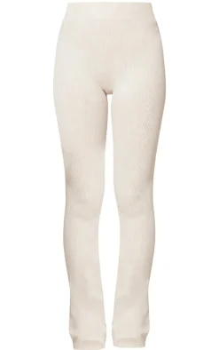Cream Faded Snatched Rib Flared Folded Waist Pants