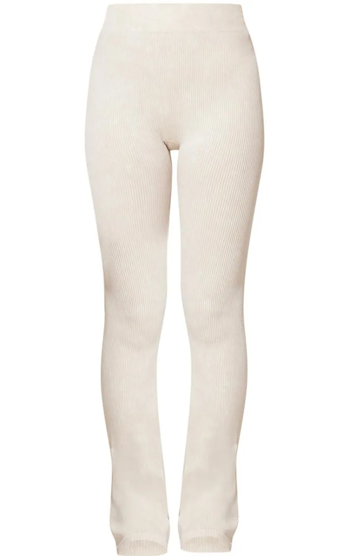 Cream Faded Snatched Rib Flared Folded Waist Pants