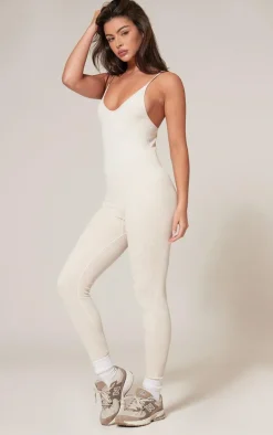 Cream Faded Snatched Rib Strappy Scoop Back Jumpsuit