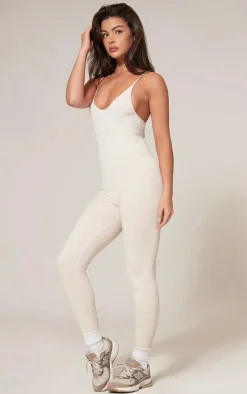 Cream Faded Snatched Rib Strappy Scoop Back Jumpsuit