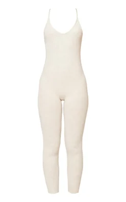 Cream Faded Snatched Rib Strappy Scoop Back Jumpsuit