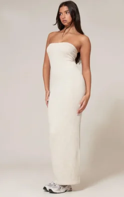 Cream Faded Snatched Rib Bandeau Midaxi Dress