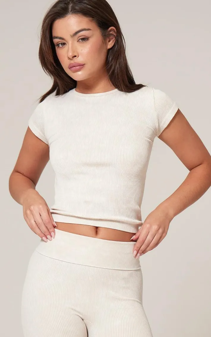 Cream Faded Snatched Rib Short Sleeve Detail Crop Top