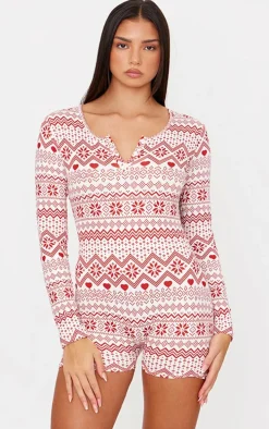 Cream Fairisle Print Button Down Pajama Romper