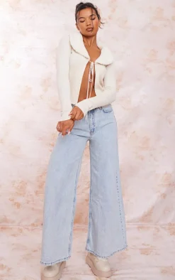 Cream Faux Fur Collar Rib Knit Cardigan