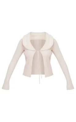 Cream Faux Fur Collar Rib Knit Cardigan