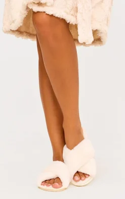 Cream Faux Fur Cross Over Slippers