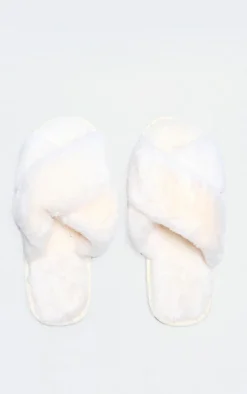 Cream Faux Fur Cross Over Slippers
