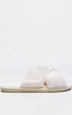 Cream Faux Fur Cross Over Slippers
