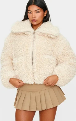 Cream Faux Fur Pocket Detail Crop Jacket