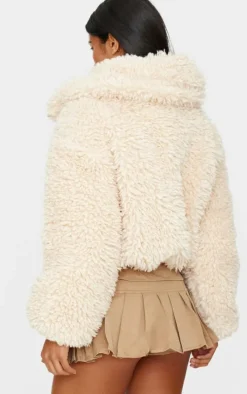 Cream Faux Fur Pocket Detail Crop Jacket