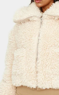 Cream Faux Fur Pocket Detail Crop Jacket