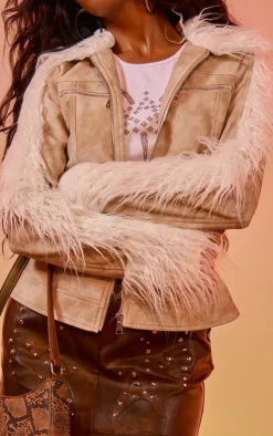 Cream Faux Fur Trim Contrast Faux Leather Zip Up Jacket