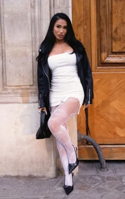 Cream Faux Leather Bandeau Slit Mini Dress