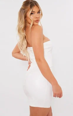 Cream Faux Leather Bandeau Slit Mini Dress