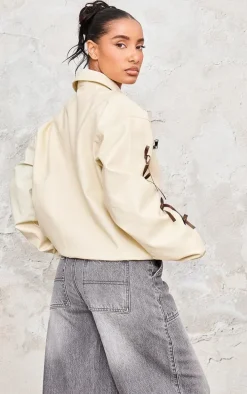 Cream Faux Leather Bow Sleeve Detail Oversized Jacket