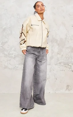 Cream Faux Leather Bow Sleeve Detail Oversized Jacket