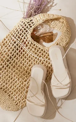 Cream Faux Leather Contrast Linen Skinny Strap Chunky Sole Sandals