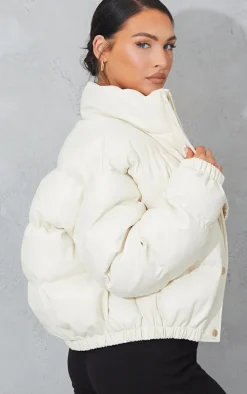 Cream Faux Leather Elastic Hem Bubble Puffer
