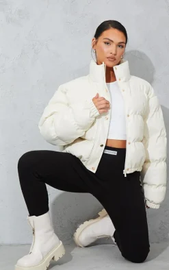 Cream Faux Leather Elastic Hem Bubble Puffer