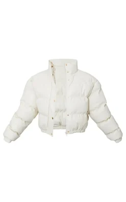 Cream Faux Leather Elastic Hem Bubble Puffer