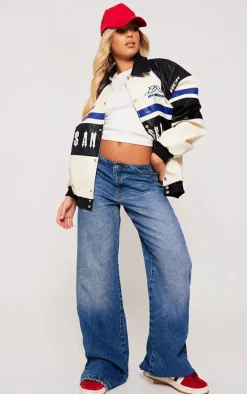 Cream Faux Leather Oversized Contrast Motorcross Bomber Jacket