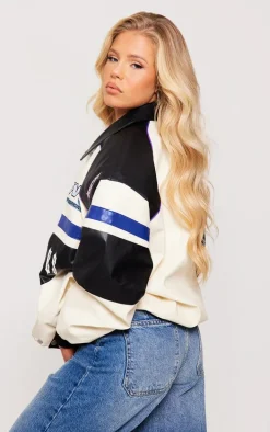 Cream Faux Leather Oversized Contrast Motorcross Bomber Jacket