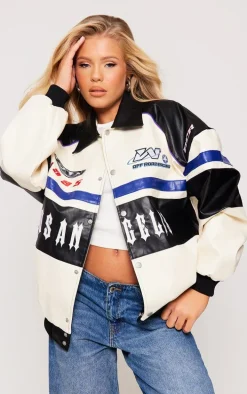 Cream Faux Leather Oversized Contrast Motorcross Bomber Jacket