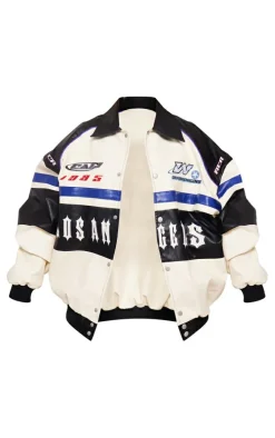 Cream Faux Leather Oversized Contrast Motorcross Bomber Jacket