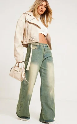 Cream Faux Leather Oversized Buckle Detail Biker Jacket