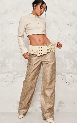 Cream Faux Leather Panel Details Biker Jacket