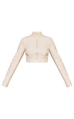 Cream Faux Leather Panel Details Biker Jacket