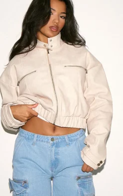 Cream Faux Leather Panelled Sleeve Jacket