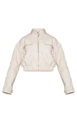Cream Faux Leather Panelled Sleeve Jacket