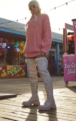 Cream Faux Leather Round Toe Shearling Chunky Knee High Boots