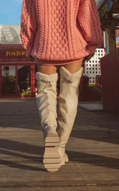 Cream Faux Leather Round Toe Shearling Chunky Knee High Boots