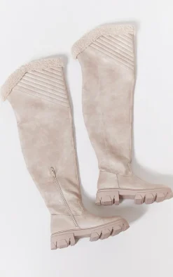 Cream Faux Leather Round Toe Shearling Chunky Knee High Boots