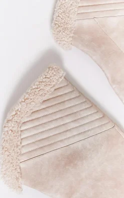 Cream Faux Leather Round Toe Shearling Chunky Knee High Boots