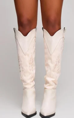 Cream Faux Suede Knee High Stitch Block Heel Western Boots