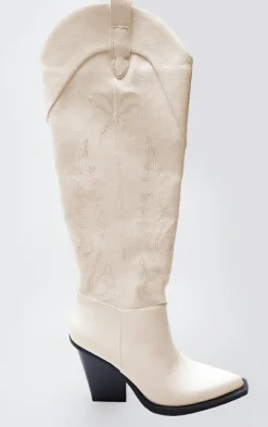 Cream Faux Suede Knee High Stitch Block Heel Western Boots