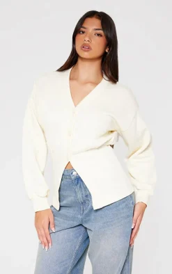 Cream Fitted Waist Button Front Sweatshirt
