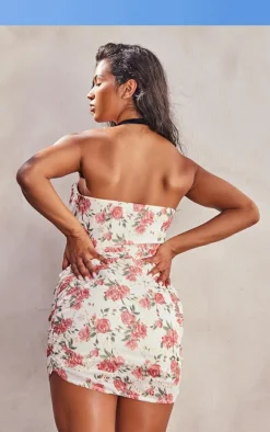 Cream Floral Embroidered Bandeau Ruched Bodycon Dress