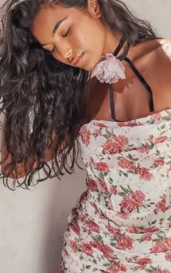 Cream Floral Embroidered Bandeau Ruched Bodycon Dress