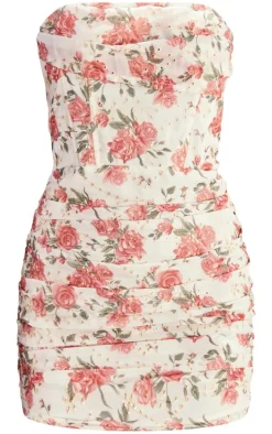Cream Floral Embroidered Bandeau Ruched Bodycon Dress
