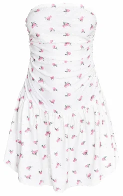 Cream Floral Printed Broderie Frill Bandeau Bodycon Dress