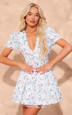 Cream Floral Short Sleeve Tie Pleated Shift Dress