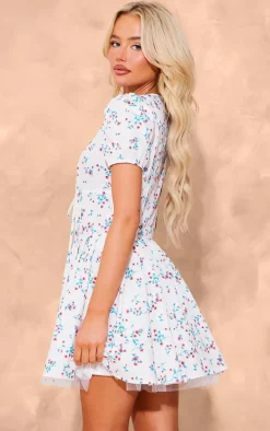 Cream Floral Short Sleeve Tie Pleated Shift Dress