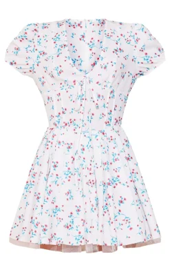 Cream Floral Short Sleeve Tie Pleated Shift Dress