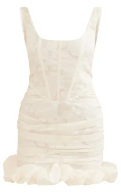 Cream Floral Woven Corset Frill Hem Bodycon Dress